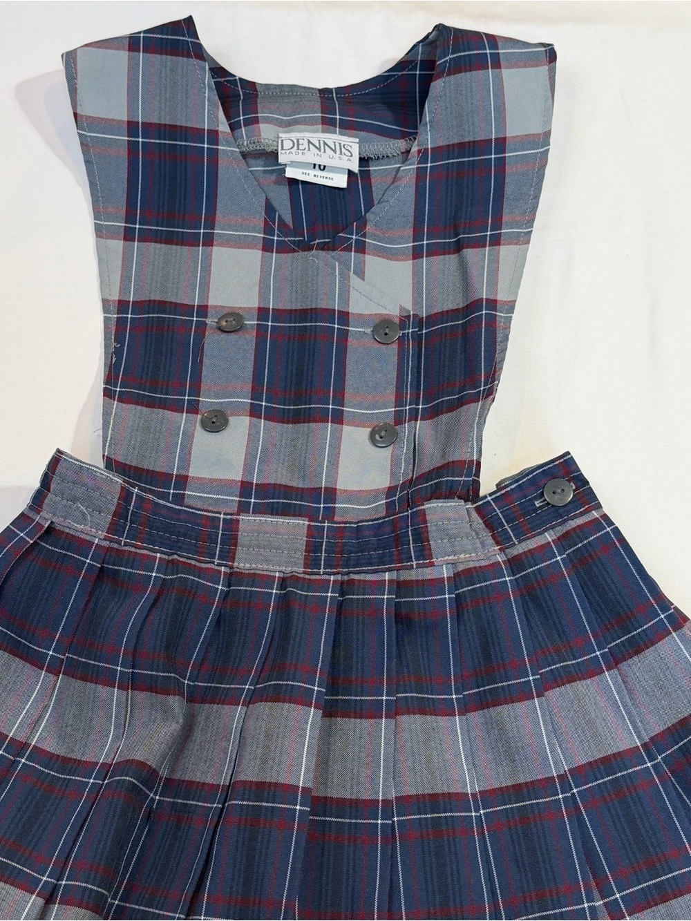 Vintage Dennis Girls Plaid Jumper Dress Sz 10 USA Pleated Skirt Navy Red Gray